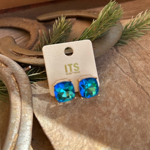 Blue and Gold Cushion-Cut Gemstone Earrings - Picture 7 of 8